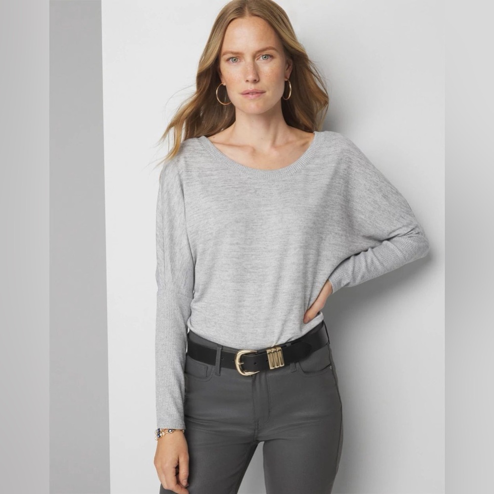 WHBM Long Sleeve Ribbed Tunic Heather Mercury Knit Slimming Office Classic Top